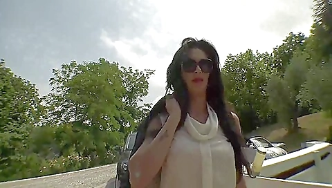 Asian dude fucks a busty red-haired milf in the backyard