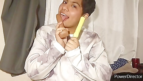 Busty brunette with a perfect body plays with toys