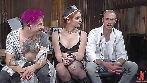 Horny redhead takes turns stroking her shaved pussy 2