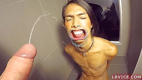 Buxom ladyboy is fucking and pissing in her bathroom