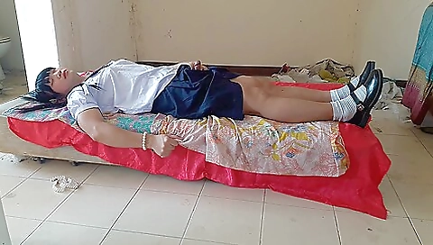 School girl in a uniform doing solo outdoors cosplay