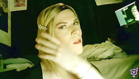 Blonde slut with small tits swallows cum with multiple dildos