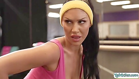 Brunette and brunette trying to get fucked in front of yoga class