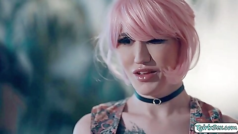 Busty tattooed shemale gets fucked in her big booty